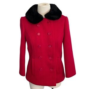 Vintage Monarch New York Red Wool Jacket Black‎ Fur Collar Double Breasted